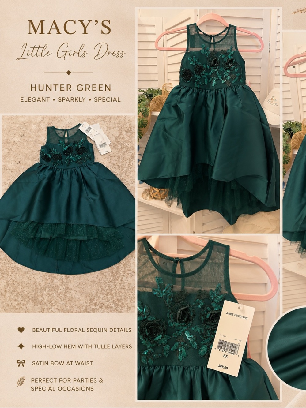 Macy's Hunter Green Floral Sequin High-Low Dress for Little Girls